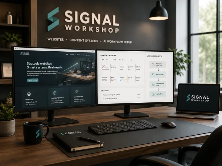 Signal Workshop digital production workspace with multiple monitors